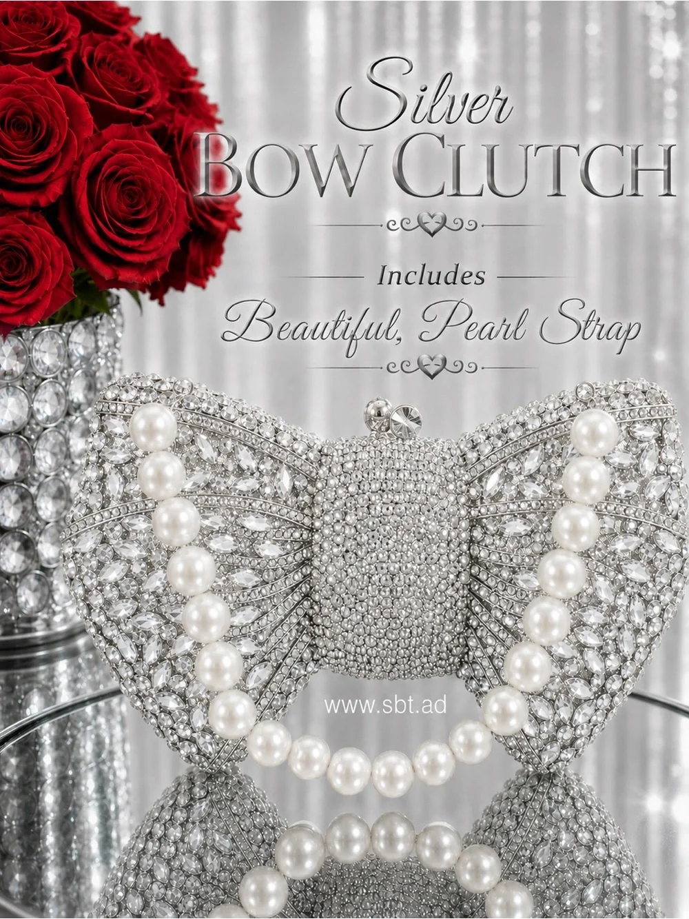 NEW Bow Clutch Purse Sparkling Bling Crystal Rhinestone Bag With Pearl Strap